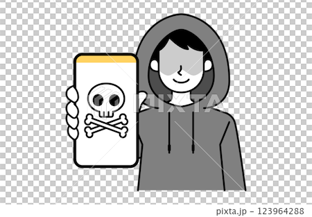 Vector illustration of a criminal trying to get people involved in crimes on illegal sites. Monochrome, simple 123964288