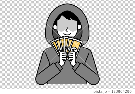 犯罪で大金を手にする犯罪者のベクターイラスト モノクロ シンプル 123964290