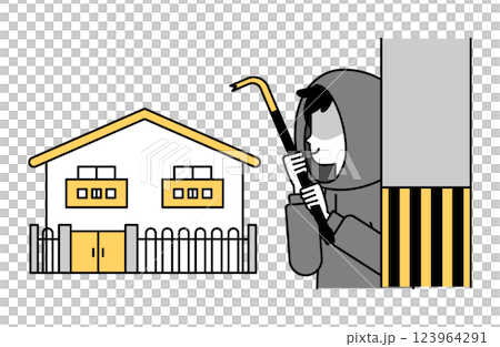 Vector illustration of a criminal trying to rob a house with a crowbar. Monochrome, simple 123964291