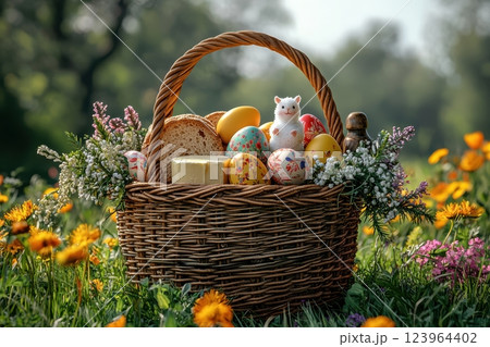 An Easter Basket with colorful eggs and vibrant flowers, beautifully arranged for Spring 123964402