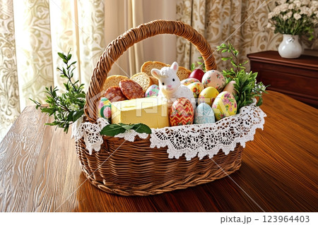 An Easter Basket that is Beautifully Filled with Colorful Eggs and Festive Decorations 123964403