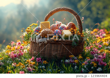 An Easter Basket Surrounded by Vibrant Colorful Flowers in a Joyful Celebration Scene 123964404