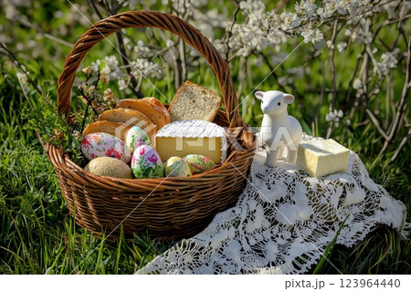 A delightful Easter Basket with cheese and decorated eggs, showcasing the joy of spring 123964440