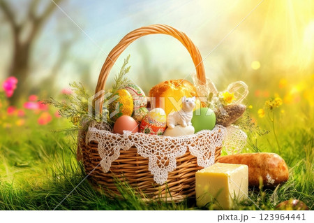 A Delightful Easter Basket That is Generously Filled with Colorful Eggs and Delicious Treats 123964441