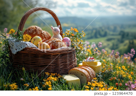 A Brightly Colored Easter Basket Filled with Treats and Surrounded by Gorgeous Wildflowers 123964470