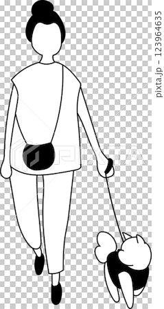 A simple illustration of a woman walking a dog 123964635