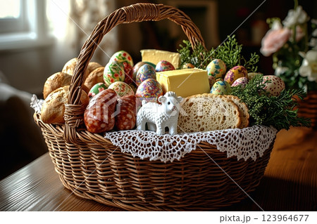 A beautifully colorful Easter Basket filled with delicious treats and vibrant decorations 123964677