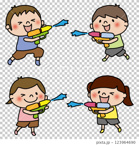 Set of kids playing with water guns Set of kids playing with water guns 123964690