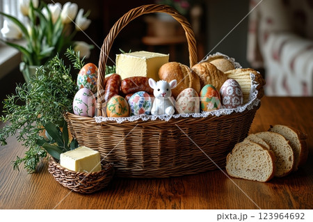 A beautifully arranged Easter Basket filled with Colorful Eggs and various Delicacies 123964692