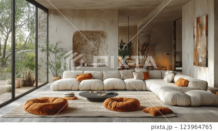 Stylish Modern Living Room Featuring Neutral Tones and Inviting Cozy Seating Arrangements Stylish Modern Living Room Featuring Neutral Tones and Inviting Cozy Seating Arrangements 123964765