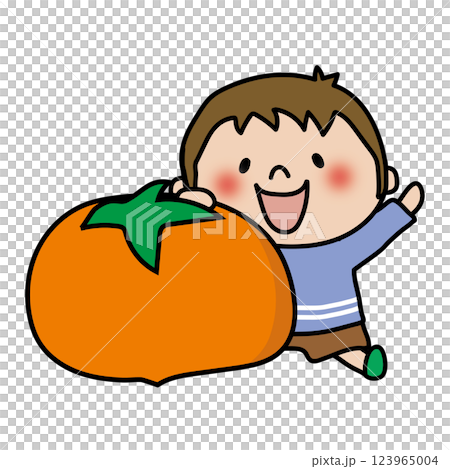 大きな柿を持っている子供（男の子） 123965004