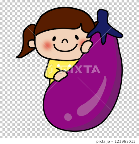 A child (girl) peeking out from behind a large eggplant 123965013