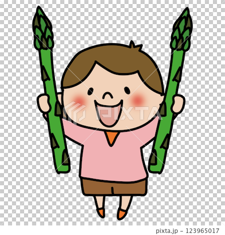 一個孩子(女孩)拿著一根大蘆筍 一個孩子(女孩)拿著一根大蘆筍 123965017