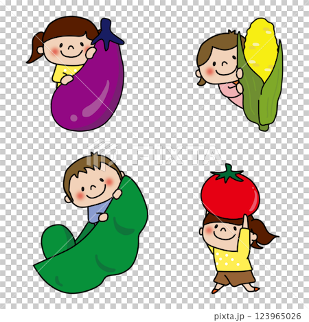 大きな夏野菜を持っている子供たちセット 123965026