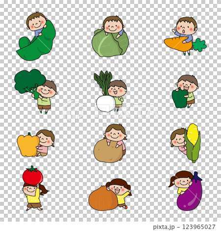 Set of kids holding big vegetables 123965027