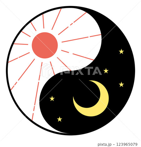 月と太陽と星の入った陰陽太極図のイラスト 123965079