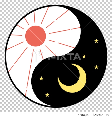 月と太陽と星の入った陰陽太極図のイラスト 123965079