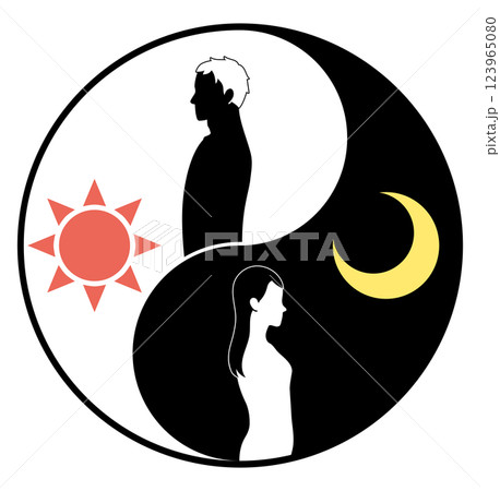 男性と太陽、月と女性が入った陰陽太極図のイラスト 123965080