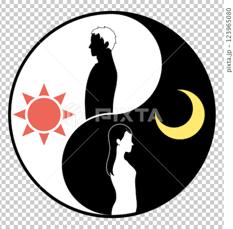 男性と太陽、月と女性が入った陰陽太極図のイラスト 123965080