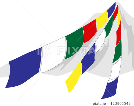 ヒマラヤ山脈とチベット仏教の旗、タルチョ 123965545