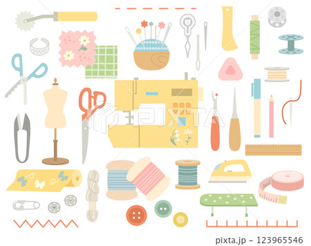 ミシンや針山・生地などの裁縫道具のイメージしたイラストのセット 123965546