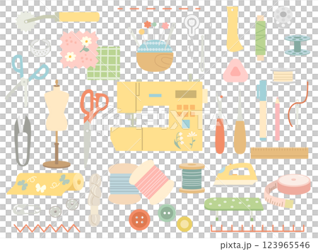 ミシンや針山・生地などの裁縫道具のイメージしたイラストのセット 123965546