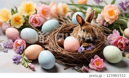 Little Bunny In Basket With Decorated Eggs - Easter Card Little Bunny In Basket With Decorated Eggs - Easter Card 123965552