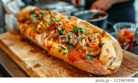 Giant sandwich with roasted meat, grilled onions, bell peppers, and fresh herbs on a wooden board. 123965600