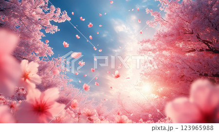 桜の開花と花吹雪を見上げる 123965988