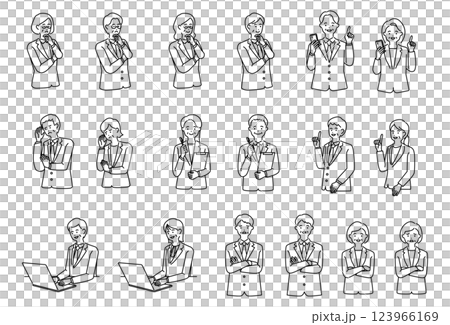 Senior men and women in suits illustration set line drawing 123966169