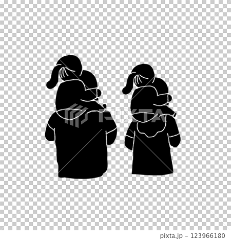 Vector illustration icon of two daughters being carried on the shoulders of their father and mother 123966180