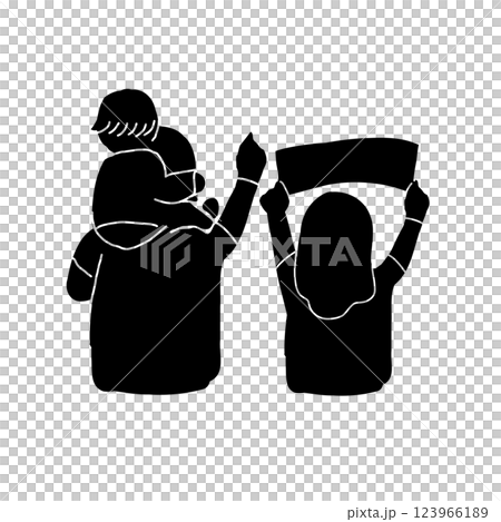 向量插圖：父親和兒子站在肩上，母親舉著牌子支持他們最喜歡的藝術家 123966189