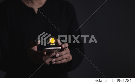 Young Man hand touching emoji and five star to review and give 5 stars Young Man hand touching emoji and five star to review and give 5 stars 123966284