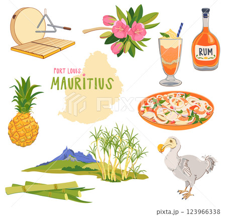 Mauritius map, landmarks of the island in flat style. Vector sugar cane, Peter mountain, endemic Dodo bird, trochetia boutoniana flowers, pineapple, falooda, millionaire salad, Sega music instruments. Mauritius map, landmarks of the island in flat style. Vector sugar cane, Peter mountain, endemic Dodo bird, trochetia boutoniana flowers, pineapple, falooda, millionaire salad, Sega music instruments. 123966338