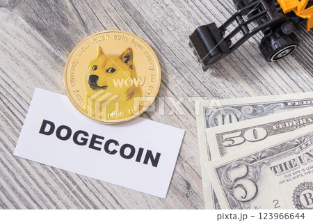 Dogecoin, miniature excavator and dollars 123966644