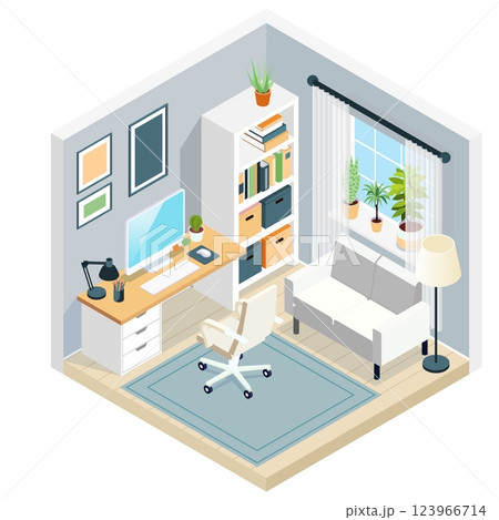 Modern home office interior with computer desk ergonomic chair bookshelf sofa indoor plants floor lamp and window with curtains cozy workspace design for remote work study and productivity 123966714