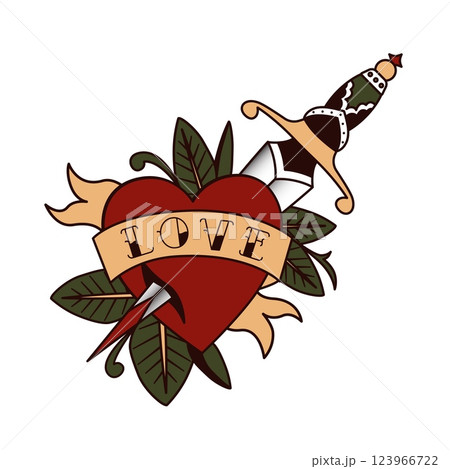 Traditional Heart and Dagger Tattoo Design with Love Banner Vintage Old School Ink Style Illustration Traditional Heart and Dagger Tattoo Design with Love Banner Vintage Old School Ink Style Illustration 123966722