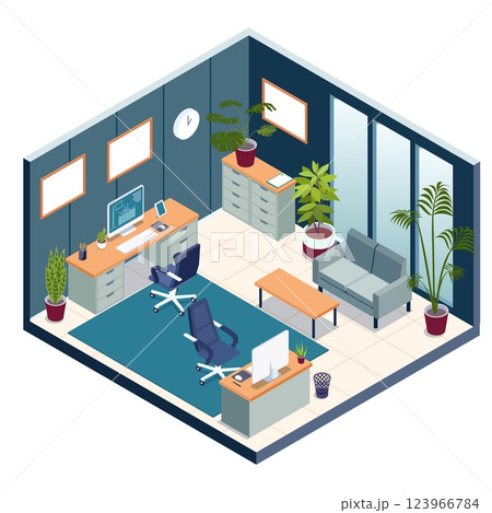 Modern Isometric Office Interior with Desks Computers Chairs Sofa Plants and Large Windows in Stylish Workspace Design 123966784