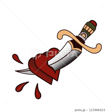 Traditional Tattoo Style Pierced Heart with Dagger and Blood Drops Vintage Vector Illustration Symbolizing Love Passion Heartbreak Betrayal Strength and Resilience in Classic Old School Ink Design 123966815