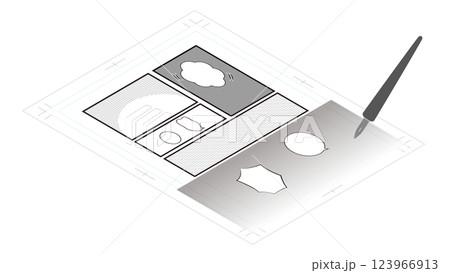 コマ割りとトーンが貼られた漫画原稿用紙のイメージイラスト　アイソメトリック 123966913