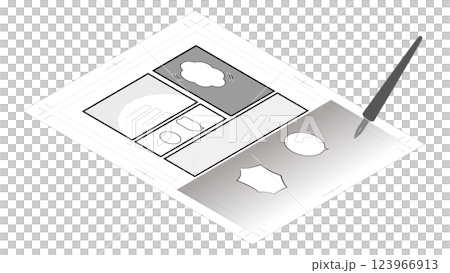 Isometric illustration of manga manuscript paper with frames and tones 123966913
