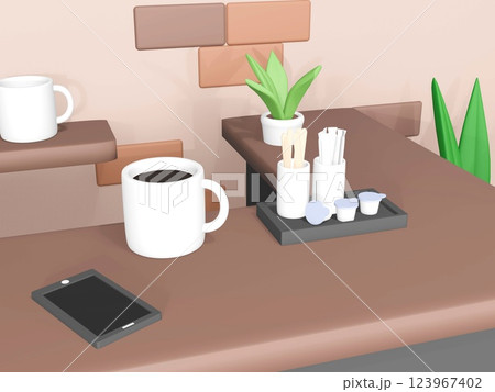 3Dレンダリングのマグカップとおしゃれなカフェの店内 3Dレンダリングのマグカップとおしゃれなカフェの店内 123967402