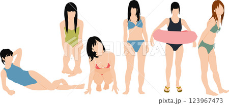 ポーズをとる水着を着た女性のイラストセット ポーズをとる水着を着た女性のイラストセット 123967473