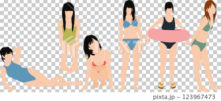 ポーズをとる水着を着た女性のイラストセット ポーズをとる水着を着た女性のイラストセット 123967473