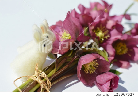 クリスマスローズの花束とフェルトのウサギ クリスマスローズの花束とフェルトのウサギ 123967627