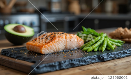 Fresh Salmon Slice on Black Lava Stone Tray with Avocado Sides 123968001