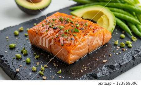 Fresh Salmon Slice on Black Lava Stone Tray with Avocado Sides 123968006