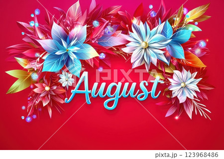 Bright and artistic arrangement of blue and white flowers along with red leaves surrounding the word August. The bold colors create an eye-catching and cheerful atmosphere. 123968486