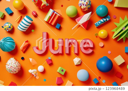 A variety of colorful geometric shapes and decorations are scattered against an orange background, with the word June prominently displayed in the center, creating a playful and festive atmosphere. 123968489