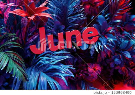 Vibrant foliage fills the background, showcasing lush tropical plants in dynamic colors. The word June stands out in bold lettering, adding a festive touch to the botanical scene. 123968490